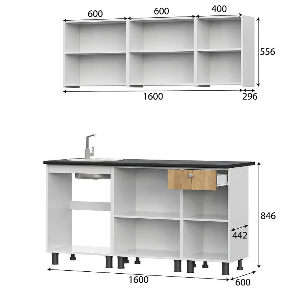 Кухонный гарнитур "КГ - 1(1600)" белый/дуб золотой/чёрный