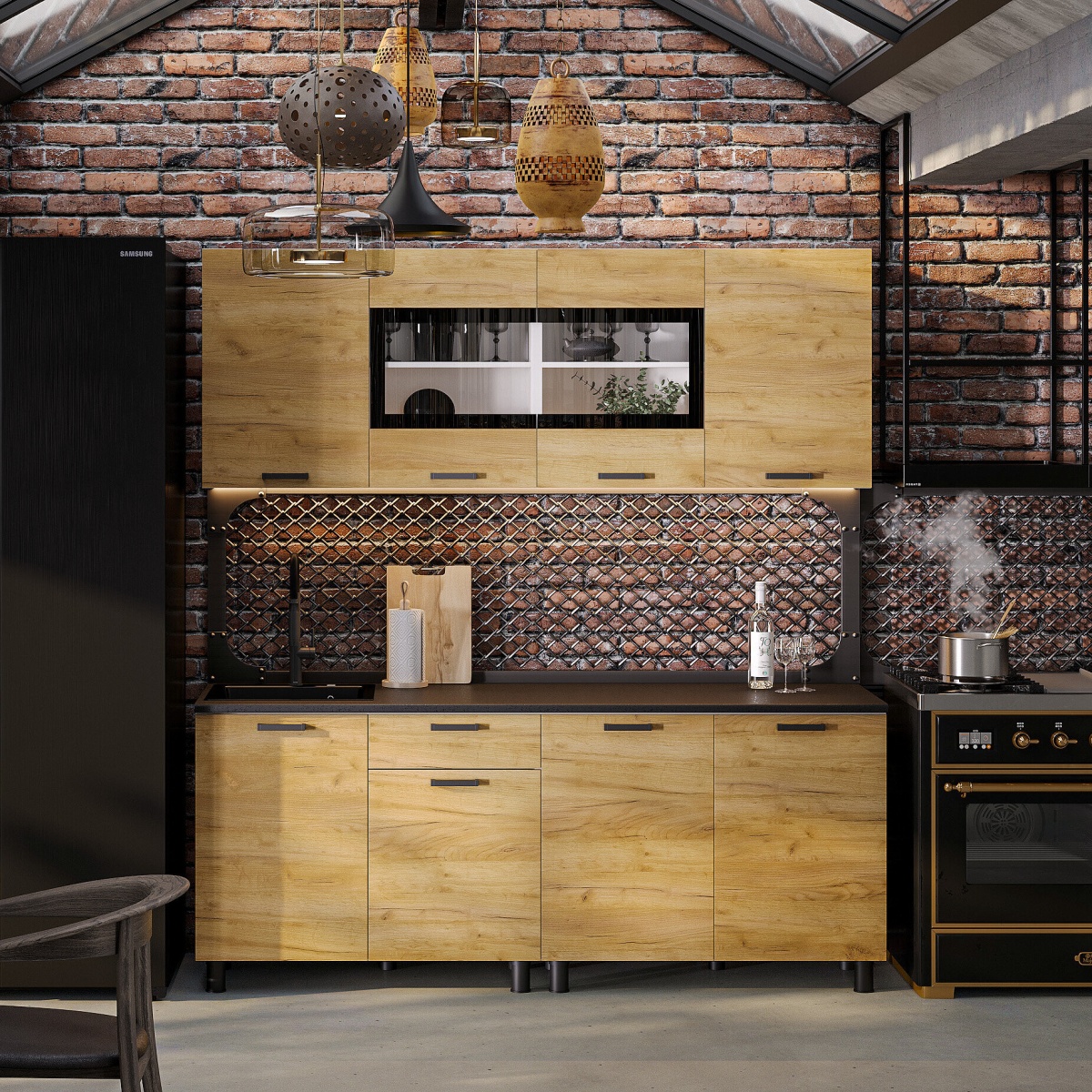 Кухонный гарнитур "Абрау" (2,0м) Белый/Дуб Золотой/Черный