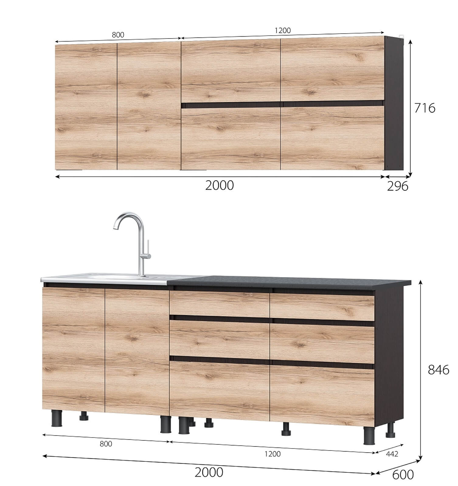 Кухонный гарнитур "Берген" (Симпл) (2,0м) Дуб венге/Дуб делано/Черный