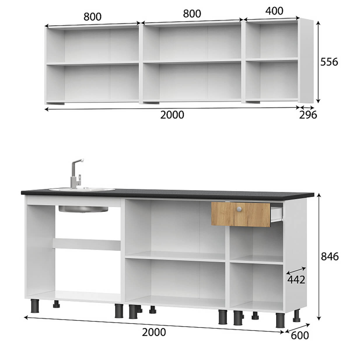 Кухонный гарнитур "КГ - 1(2000)" Белый/Дуб золотой/Чёрный