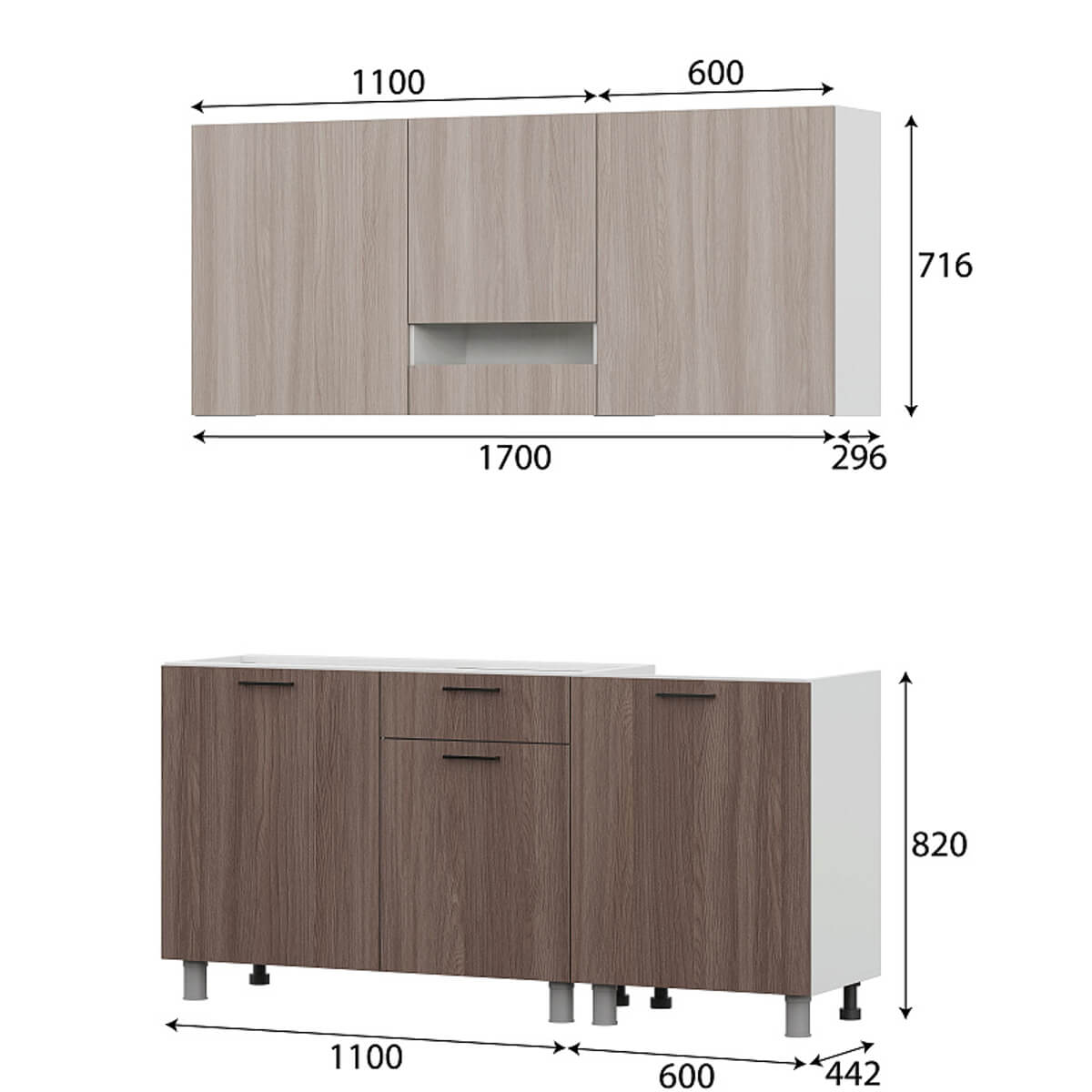 Кухонный гарнитур "Розалия" Ясень Шимо светлый/Ясень Шимо темный (без столешницы)