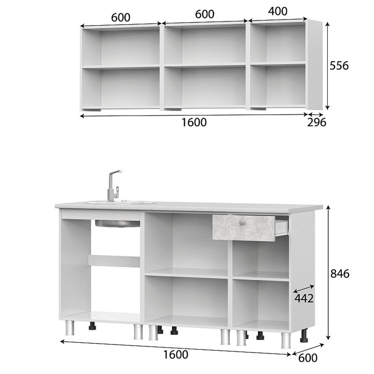 Кухонный гарнитур "КГ - 1(1600)" белый/белый/цемент светлый/антарес
